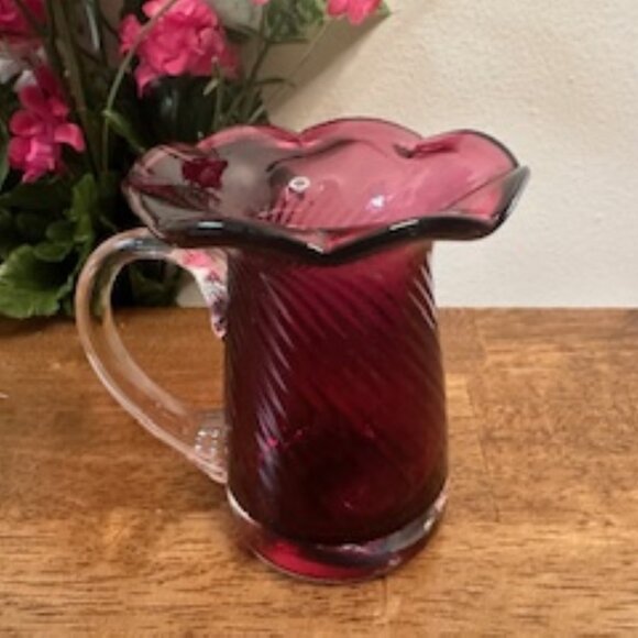 Vintage Cranberry Glass Swirl Pitcher – Clear Handle and Ruffled Rim - Picture 2 of 4